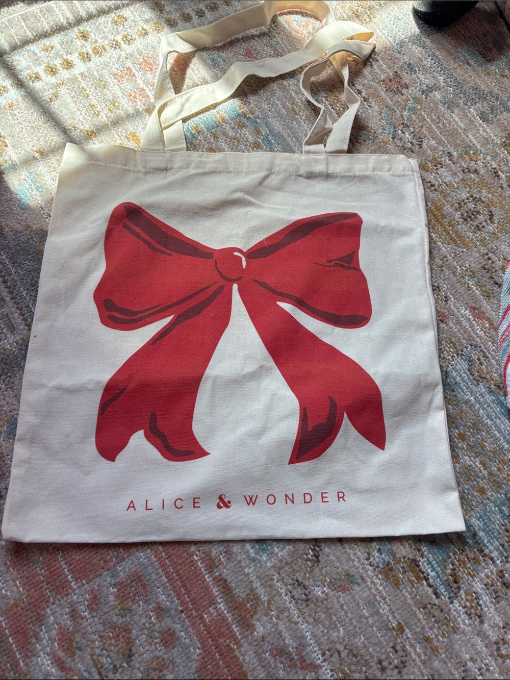 Alice & Wonder Cream Canvas Tote with Red Bow Print